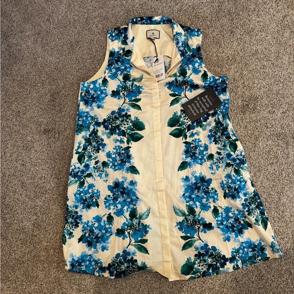 Floral Sleeveless Blouse - Blue and Cream